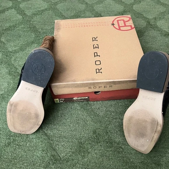 Roper Cowboy Boots Black Tan Leather Square Toe Size 13 - Picture 4 of 5